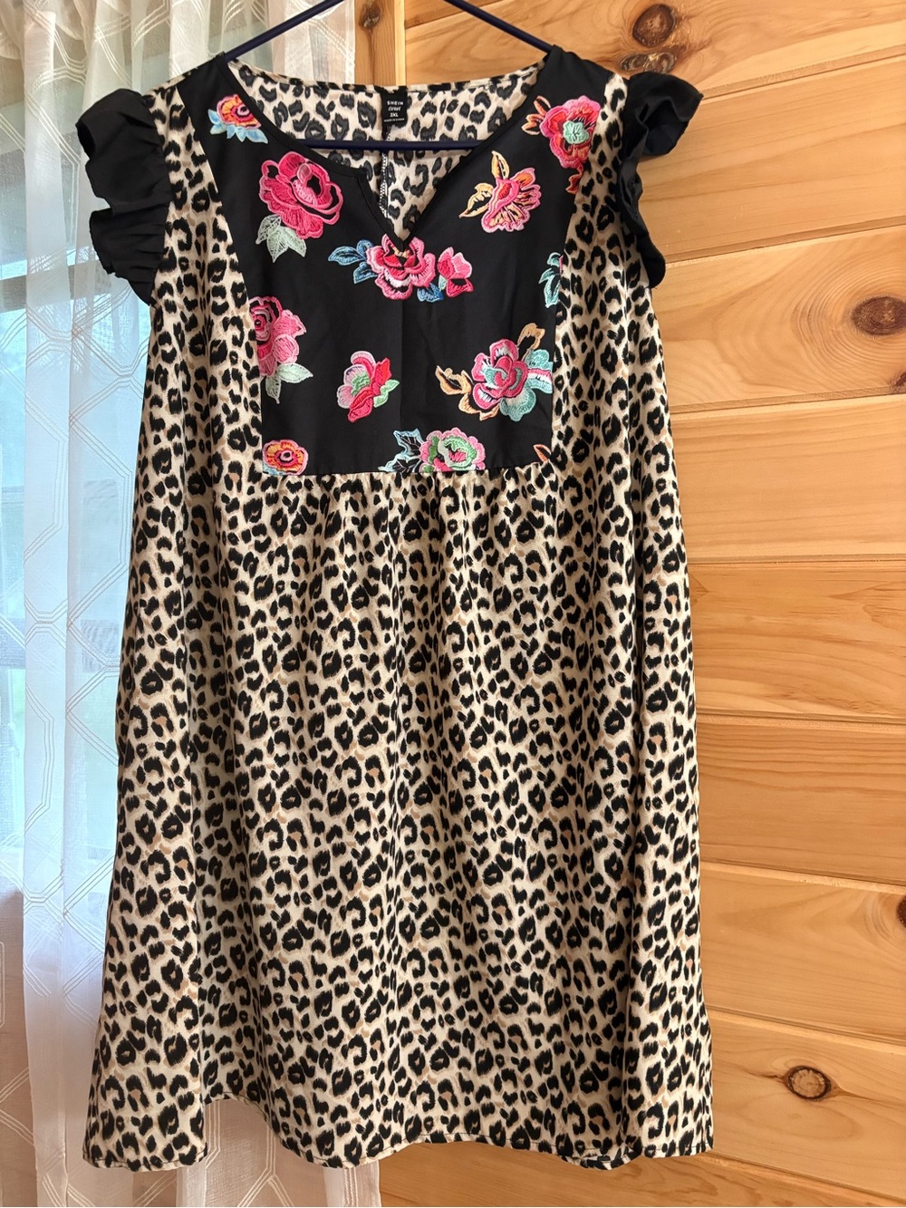 SHEIN Leopard Print Dress with Black Floral Embroidered Yoke